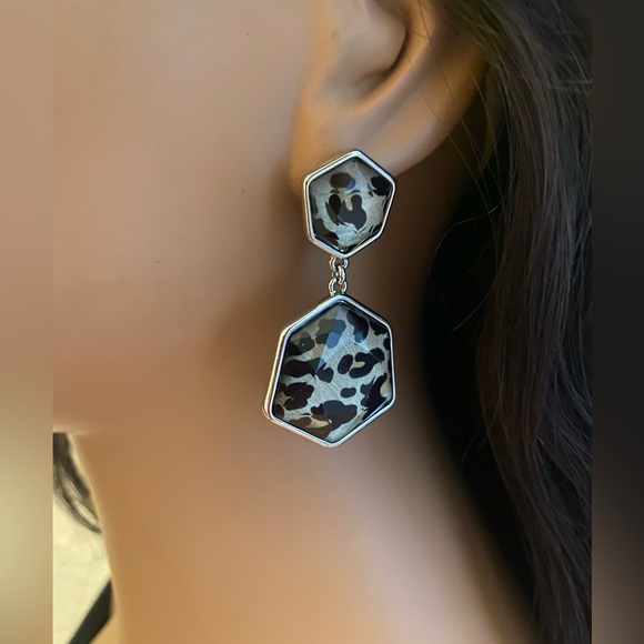 Leopard Double Hexagon Dangle Earrings - Picture 2 of 3